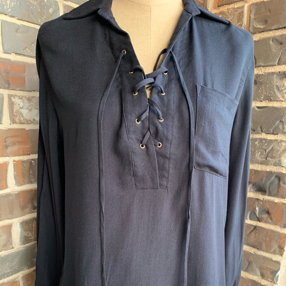 NWT Blouse Black Lace-Up Office Long Sleeve - Small - Picture 4 of 7